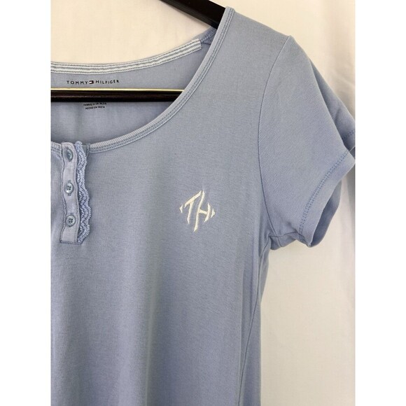 Y2K Tommy Hilfiger Light Blue Henley Shirt Women’s Size Small Lace Trim Logo Tee - Picture 3 of 6